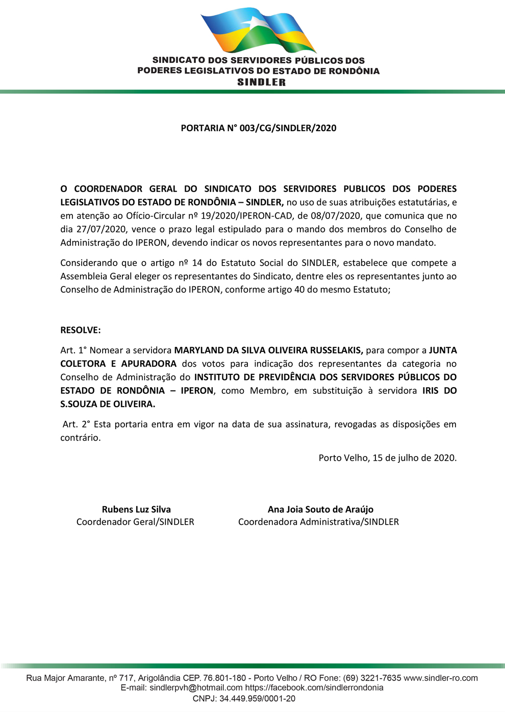 PORTARIA Nº003 SUBSTITUIÇÃO MEMBRO DA COMISSAO ELEITORAL CONSELHO IPERON